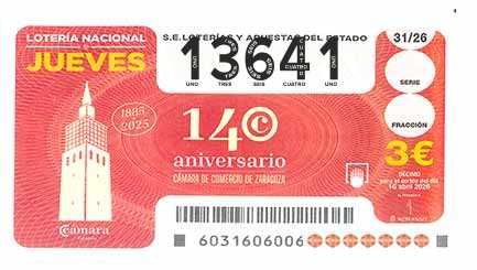 Décimo 13641 del sorteo 31-16/04/2026 Jueves