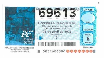 Décimo 69613 del sorteo 34-25/04/2026 Sábado