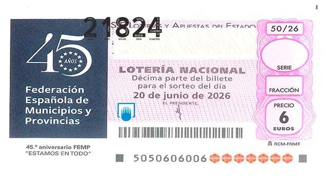 Décimo 21824 del sorteo 50-20/06/2026 Sábado