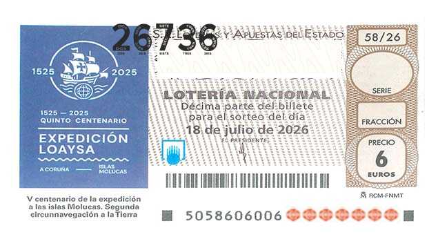 Décimo 26736 del sorteo 58-18/07/2026 Sábado