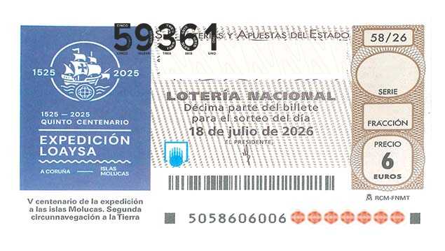 Décimo 59361 del sorteo 58-18/07/2026 Sábado