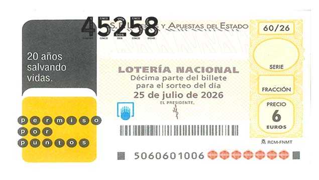 Décimo 45258 del sorteo 60-25/07/2026 Sábado