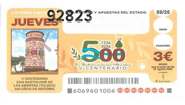 Décimo 92823 del sorteo 69-27/08/2026 Jueves