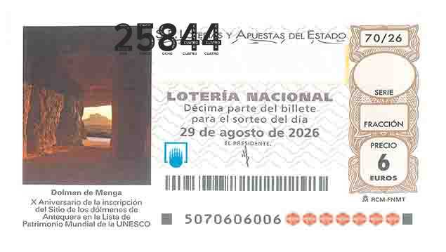 Décimo 25844 del sorteo 70-29/08/2026 Sábado
